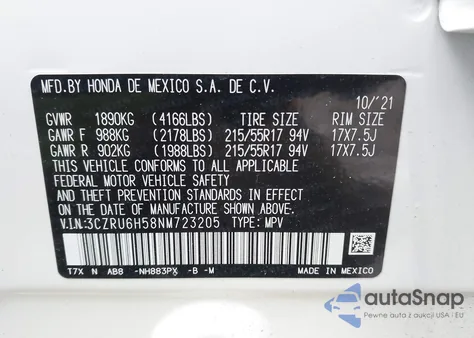 2022 Honda Hr-V Awd Ex z USA, uszkodzony, nr VIN 3CZRU6H58NM723205